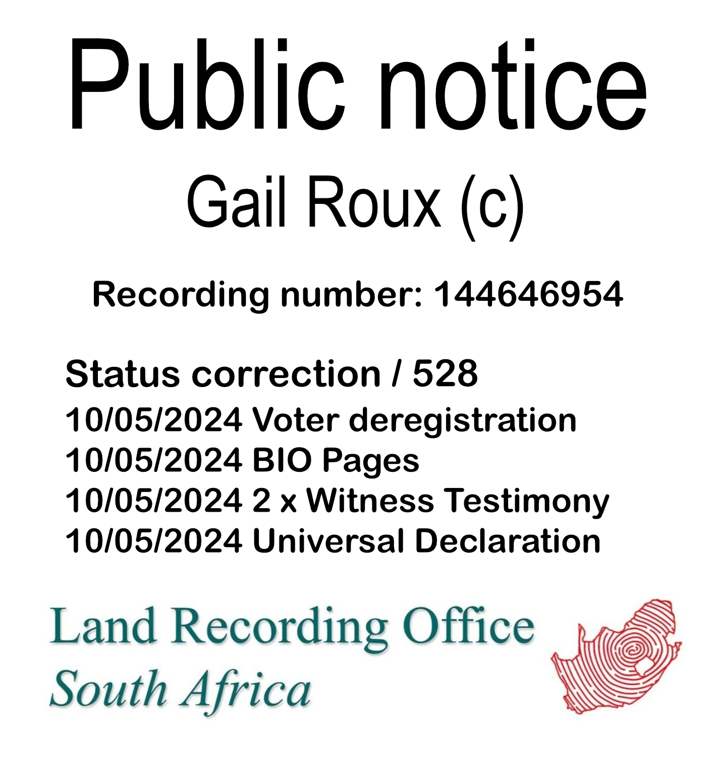 Public notice Gail Roux Recording number 144646954
